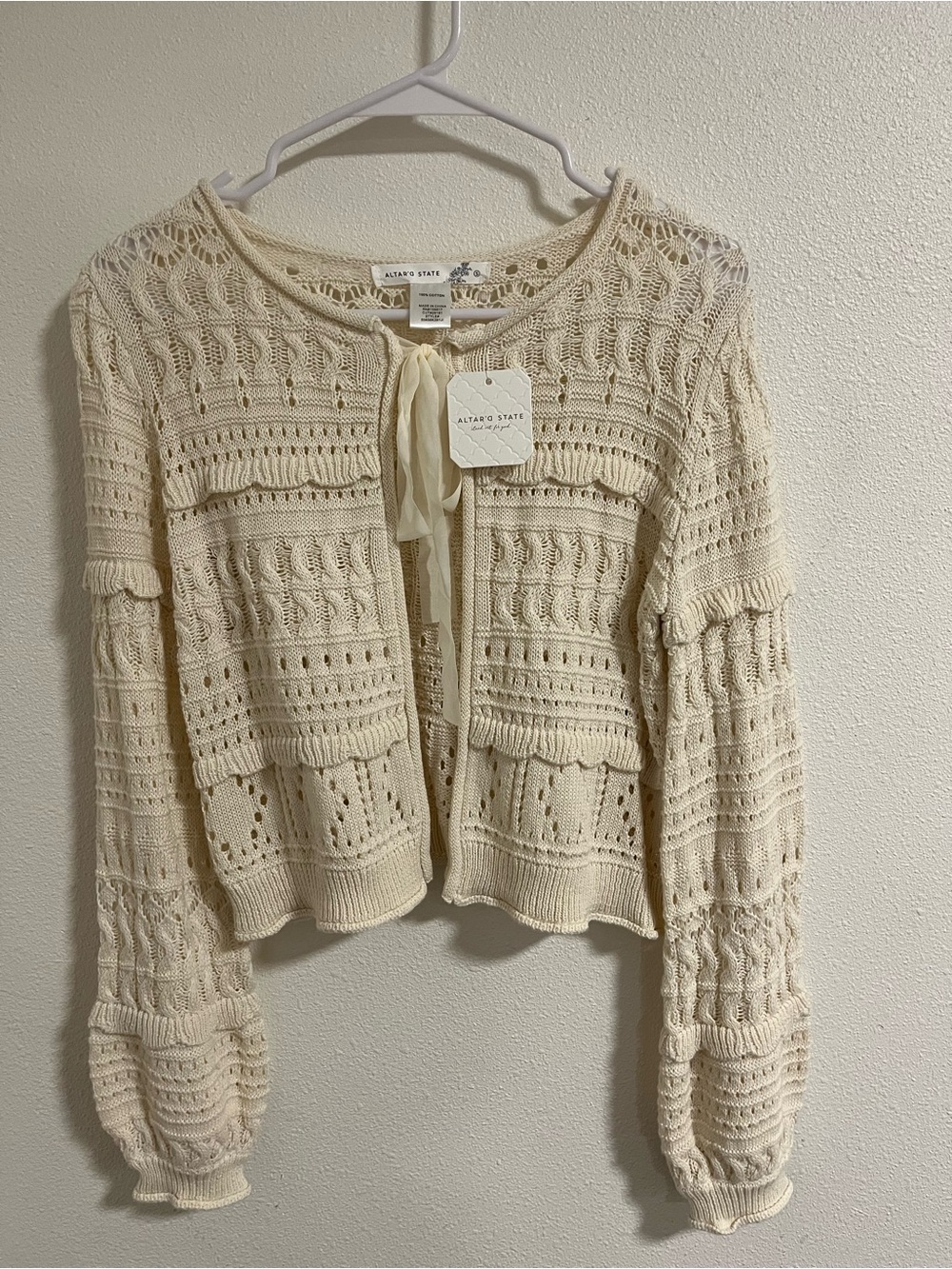 Altar'd State Cream Open-Knit Cropped Tie-Front Cardigan Brand New w/tags